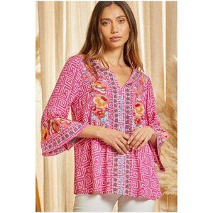 Soho Pink Moon Bay Medium Floral Embroidered Boho Tunic Artsy Peasant Top Pink